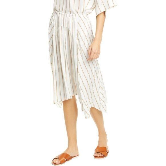 Vince Stripe Gauze Panel Pull-on Midi Skirt in Optic White NEW Women's Medium - Picture 1 of 10